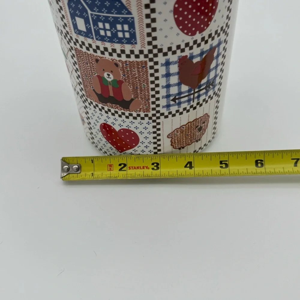 Vintage Decorative Canister w Red Dome Lid with Country Patchwork Themed Motif